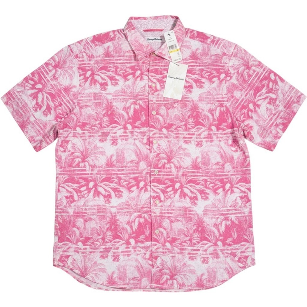 Tommy Bahama Mens Pink White Tropical Palm Tree Rayon Button Up Shirt Medium NEW